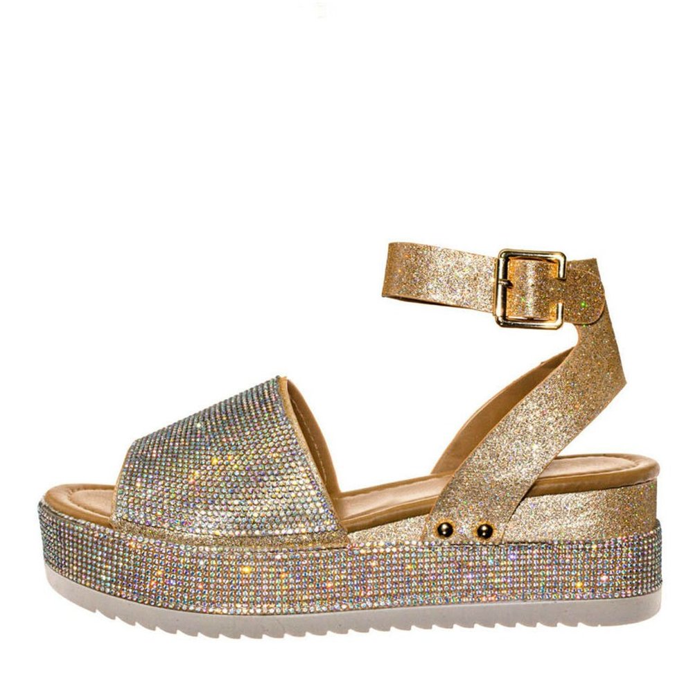 NEW Sparkling Rainbow Rhinestone Open Toe Sandals Flat Platform Heel Ankle Strap - Picture 6 of 11